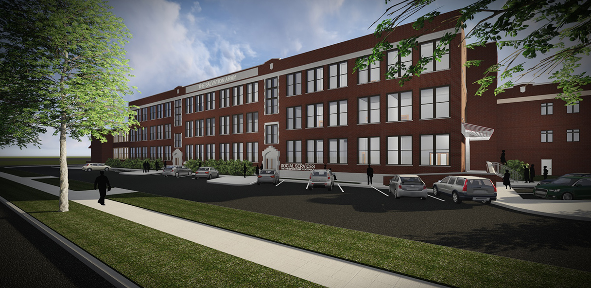 Architectural rendering of three-story brick structure and landscaped parking lot.